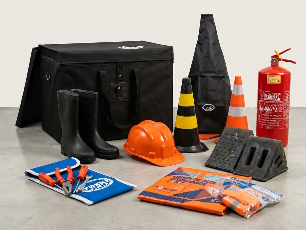 Kit completo para transporte de cargas perigosas montado pela Braskit: bolsa, botas, capacete, cones, extintor, calços, ferramentas e colete