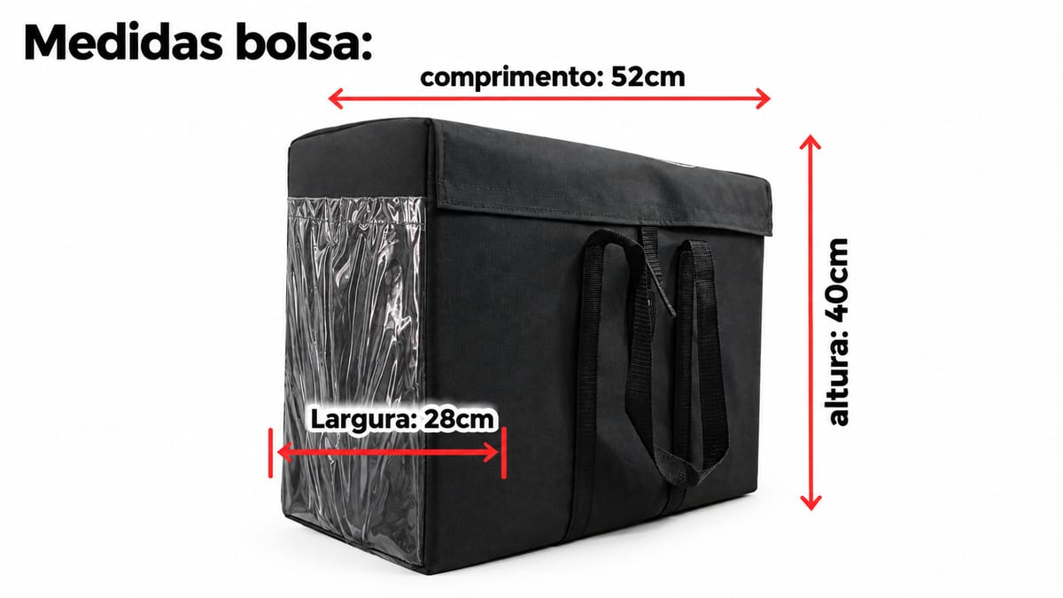 Quadro de medidas de Bolsa de Lona para Kit: 52 cm de comprimento, 28 cm de largura e 40 cm de altura